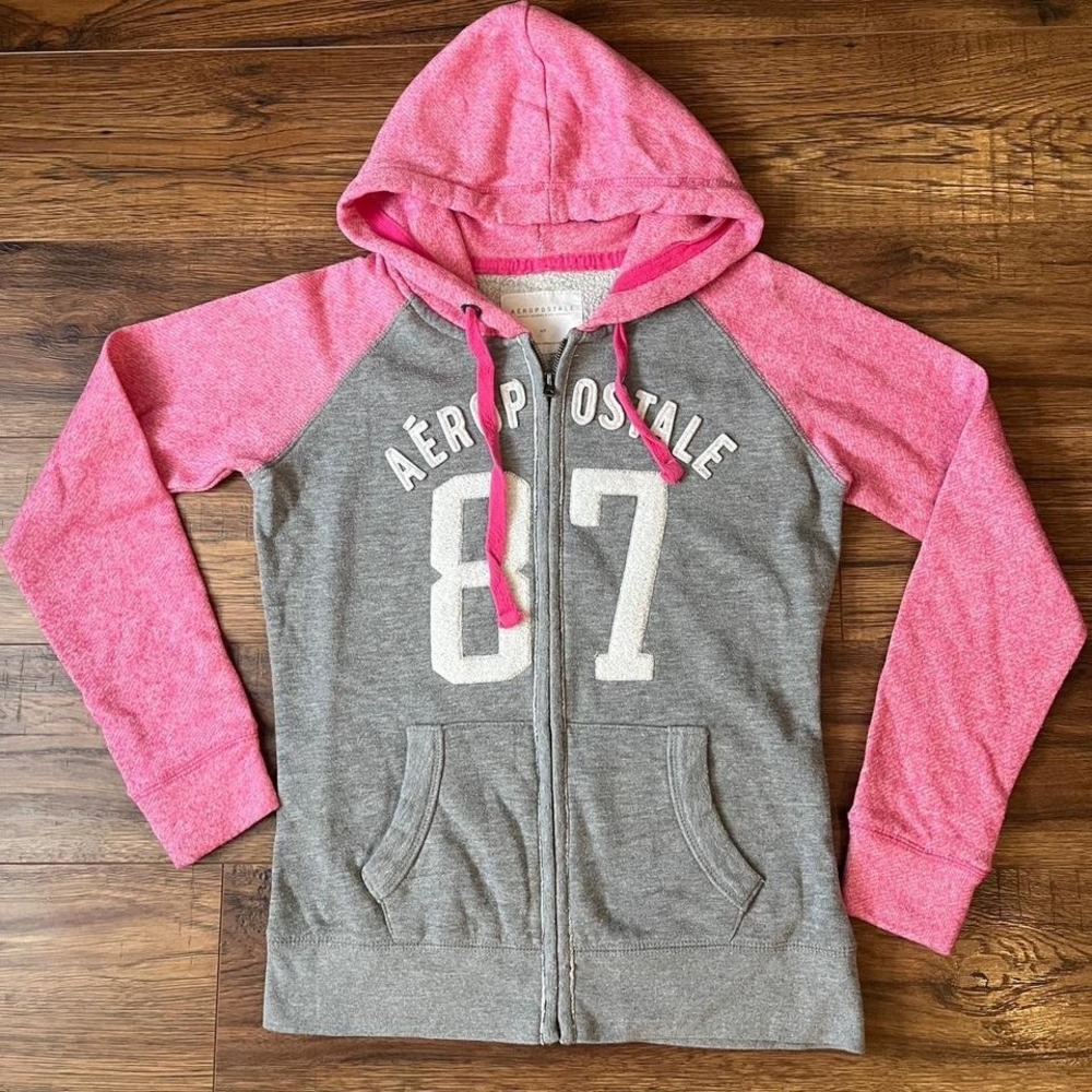 Aeropostale Zip Hoodie Grey Pink Women S Y2K Sporty Athleisure Loungewear Casual